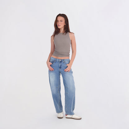 Project Indigo Women's Back Elastic Barrel Jeans